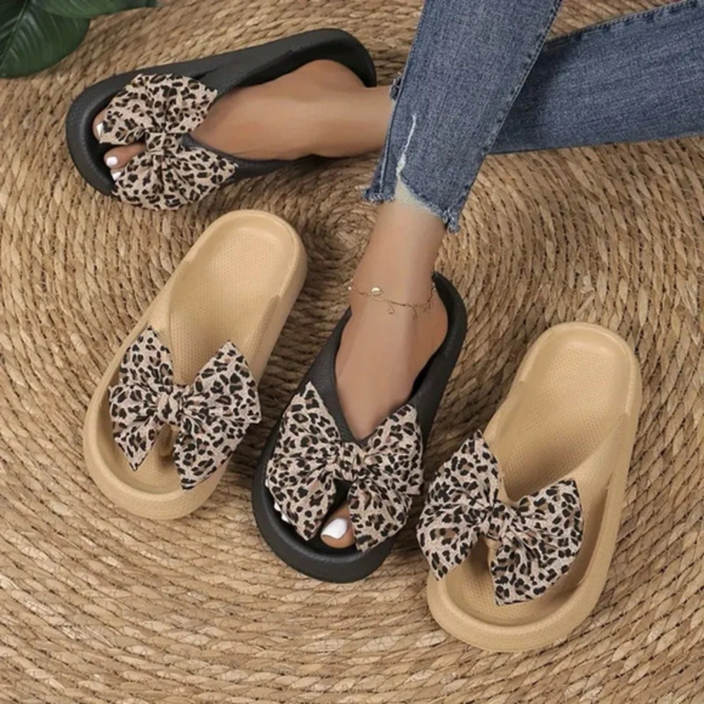 Leopard Bow Flip Flop Sandals Cushioned Thong Summer Slides NWT